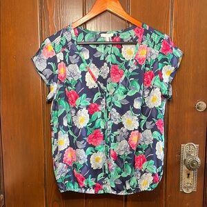 Joie Navy Floral Silk Blouse with Pink and Green Accents Size Small